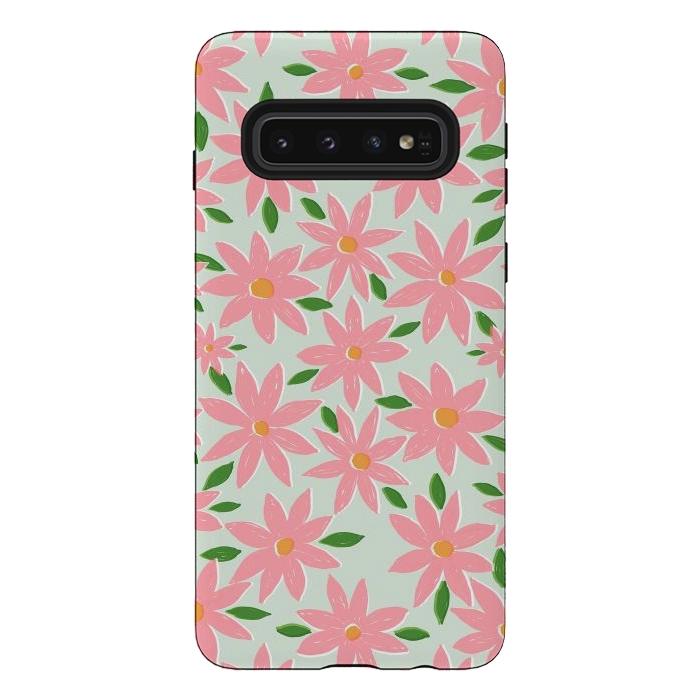 Galaxy S10 StrongFit Pretty Hand Paint Pink Daisy Flowers Mint Design by InovArts