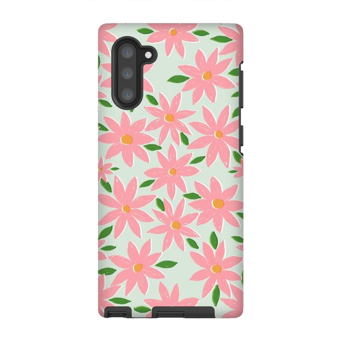 Galaxy Note 10 StrongFit Pretty Hand Paint Pink Daisy Flowers Mint Design by InovArts