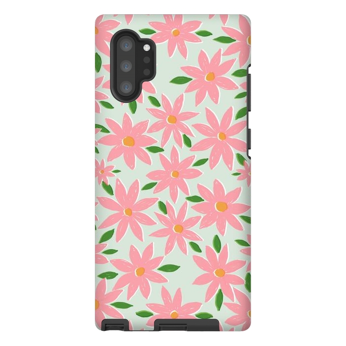 Galaxy Note 10 plus StrongFit Pretty Hand Paint Pink Daisy Flowers Mint Design by InovArts