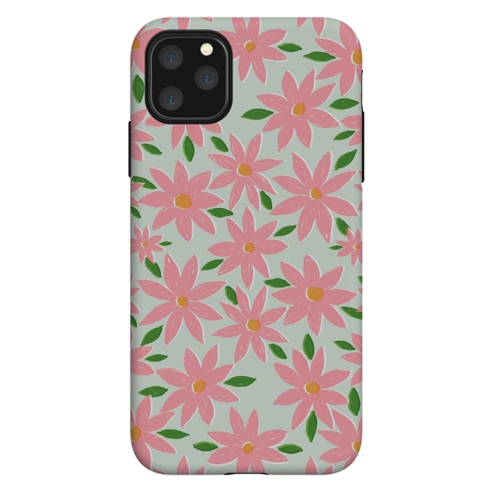 iPhone 11 Pro Max StrongFit Pretty Hand Paint Pink Daisy Flowers Mint Design by InovArts