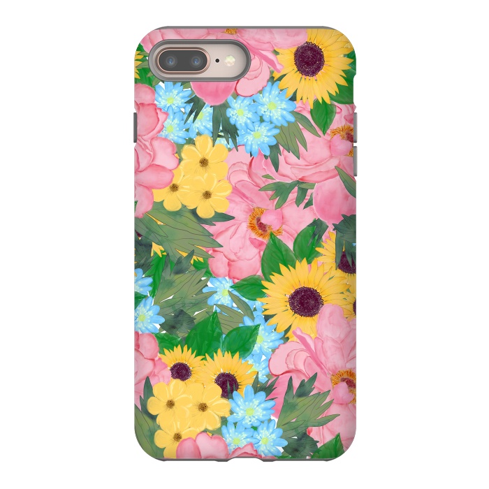 iPhone 7 plus StrongFit Trendy Pink Peonies Yellow Sunflowers Watercolor paint by InovArts