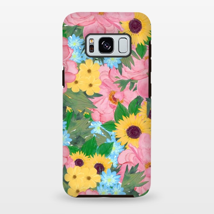Galaxy S8 plus StrongFit Trendy Pink Peonies Yellow Sunflowers Watercolor paint by InovArts