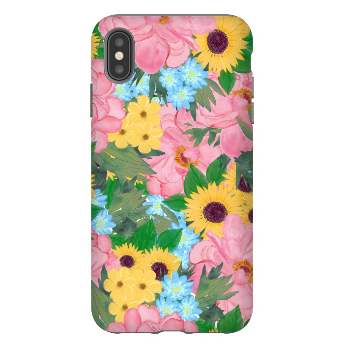 iPhone Xs Max StrongFit Trendy Pink Peonies Yellow Sunflowers Watercolor paint by InovArts