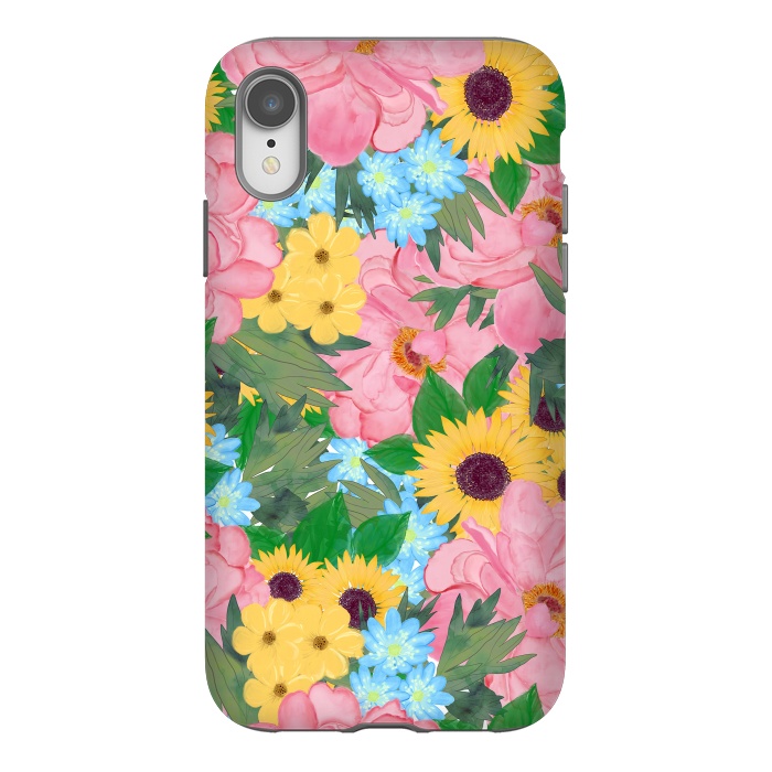 iPhone Xr StrongFit Trendy Pink Peonies Yellow Sunflowers Watercolor paint by InovArts