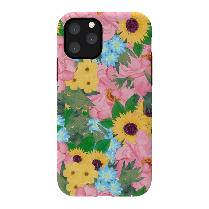 iPhone 11 Pro StrongFit Trendy Pink Peonies Yellow Sunflowers Watercolor paint by InovArts