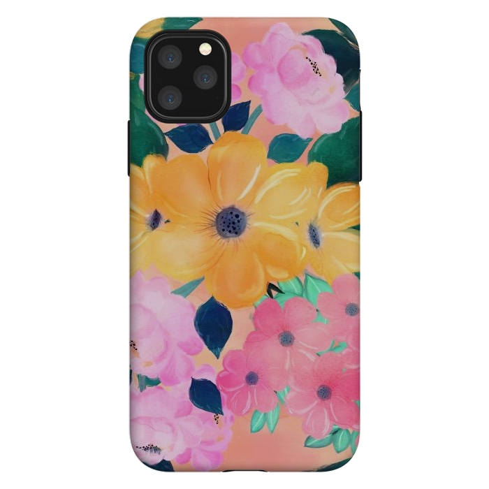 iPhone 11 Pro Max StrongFit Trendy Pink Peonies Yellow Sunflowers Watercolor paint by InovArts