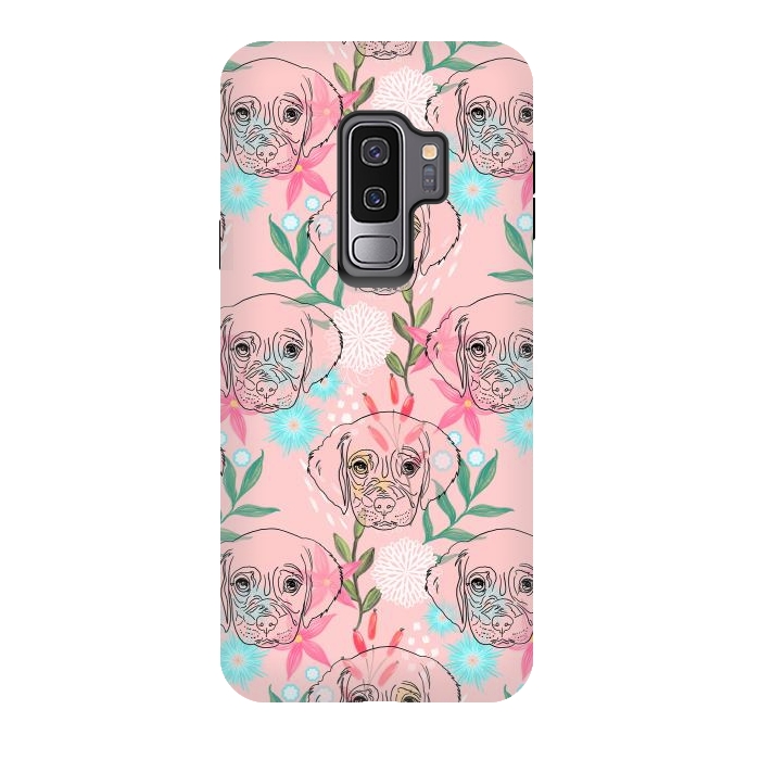Galaxy S9 plus StrongFit Cute Puppy Dog and Flowers Pink Creative Art by InovArts