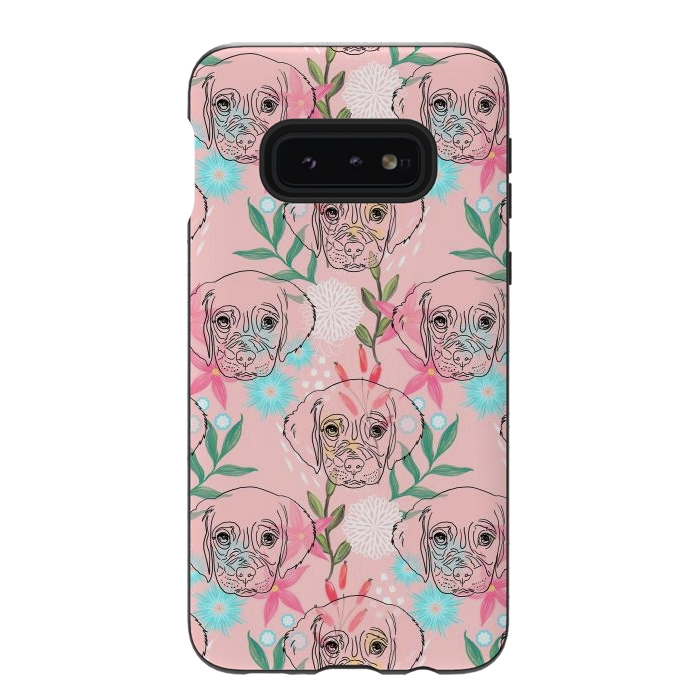 Galaxy S10e StrongFit Cute Puppy Dog and Flowers Pink Creative Art by InovArts
