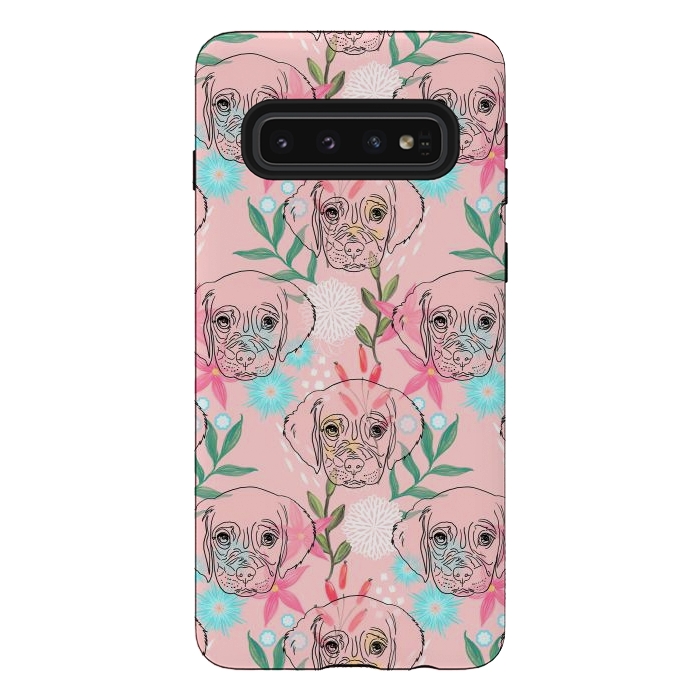 Galaxy S10 StrongFit Cute Puppy Dog and Flowers Pink Creative Art by InovArts