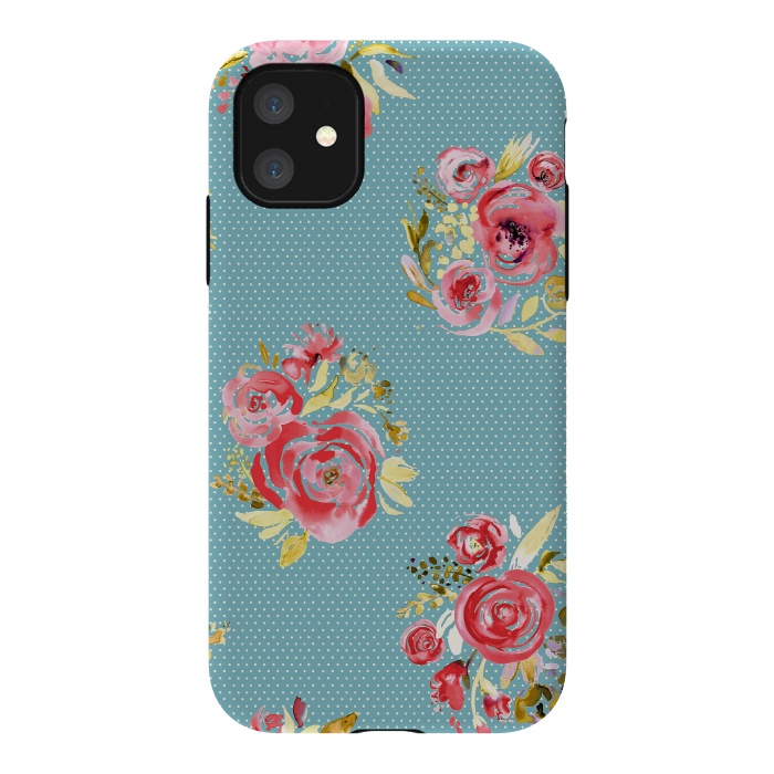 iPhone 11 StrongFit Blue Dots Roses Bouquet by Ninola Design