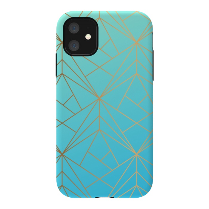 iPhone 11 StrongFit blue green golden lines by MALLIKA