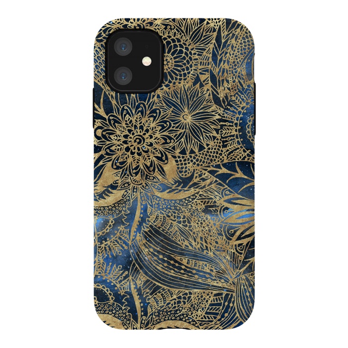 iPhone 11 StrongFit Elegant gold floral mandala and blue nebula design by InovArts