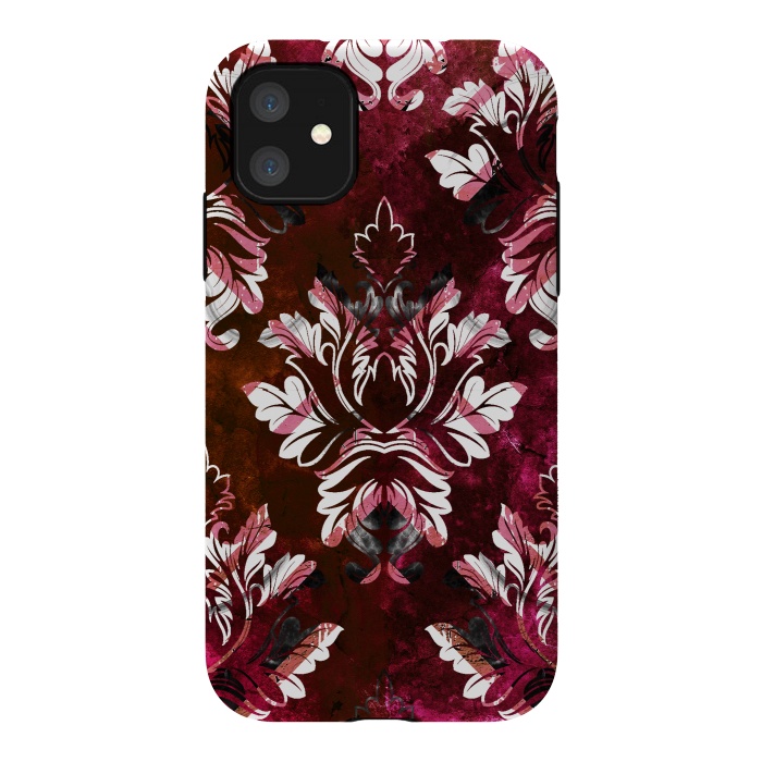 iPhone 11 StrongFit Rich burgundy marble and silver damask by Oana 