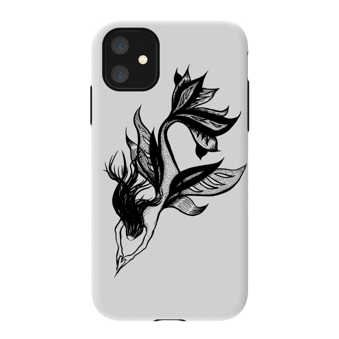 iPhone 11 StrongFit Beautiful mermaid black and white ink drawing by Boriana Giormova
