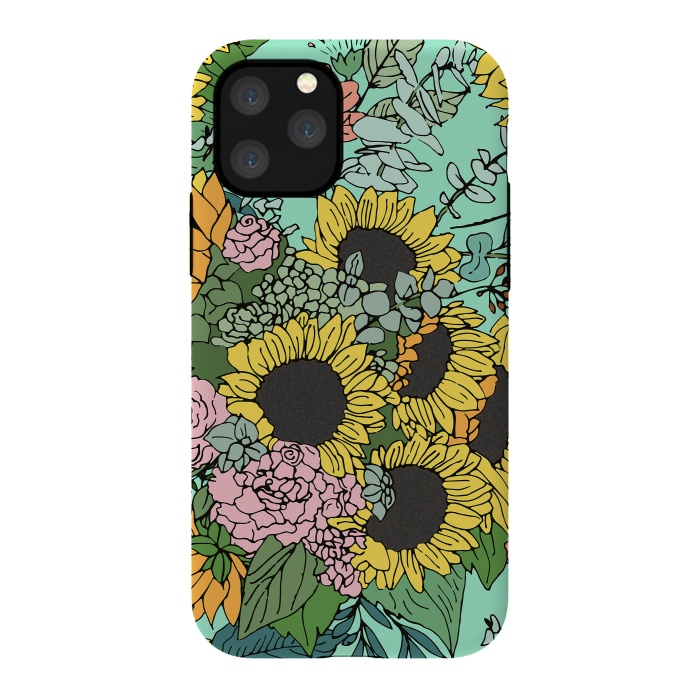 iPhone 11 Pro StrongFit Trendy yellow sunflowers and pink roses mint design by InovArts