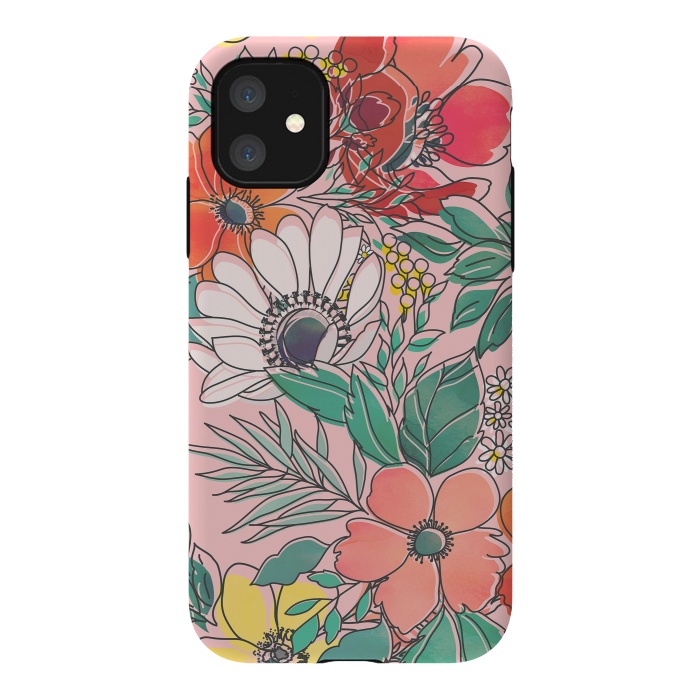 iPhone 11 StrongFit Cute girly pink floral hand drawn design by InovArts