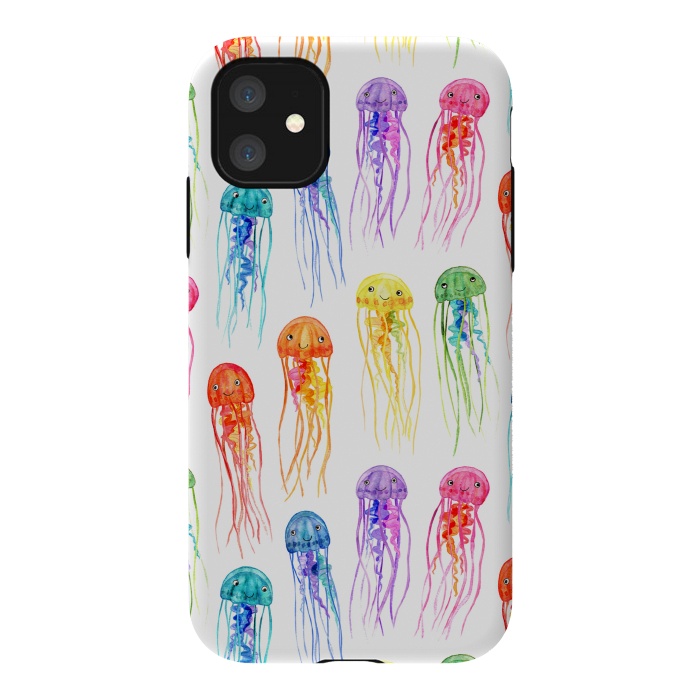 iPhone 11 StrongFit Cute Little Rainbow Jellyfish on White by Micklyn Le Feuvre