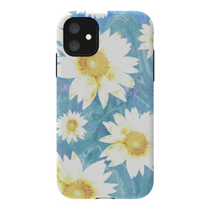 iPhone 11 StrongFit White sunflowers on baby blue marble by Oana 