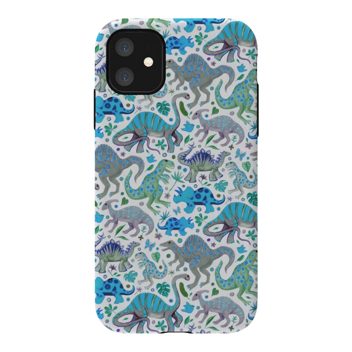 iPhone 11 StrongFit Happy Dinos in blue and green by Micklyn Le Feuvre