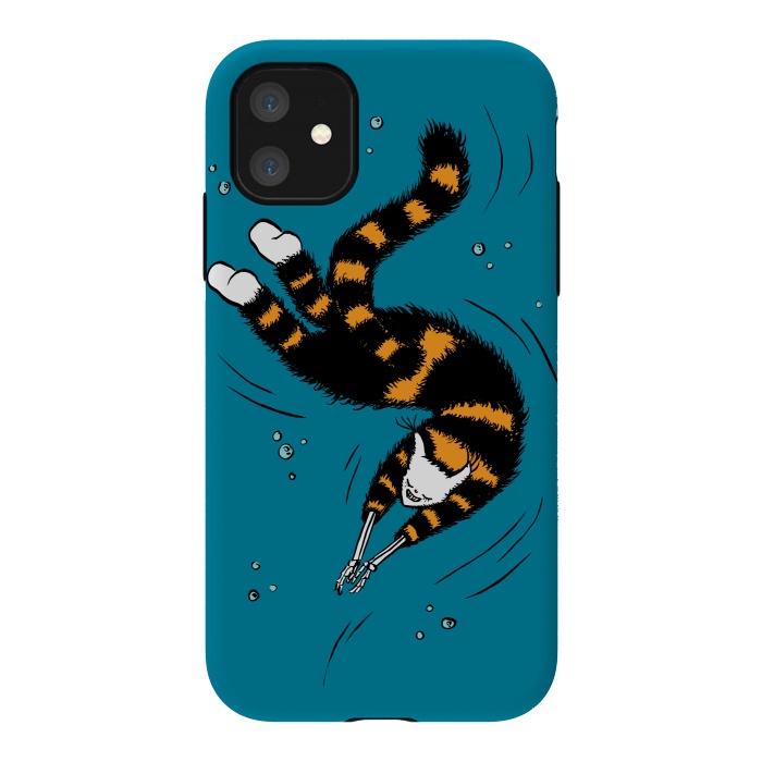 iPhone 11 StrongFit Funny Cat Creature With Skeleton Hands Swimming by Boriana Giormova