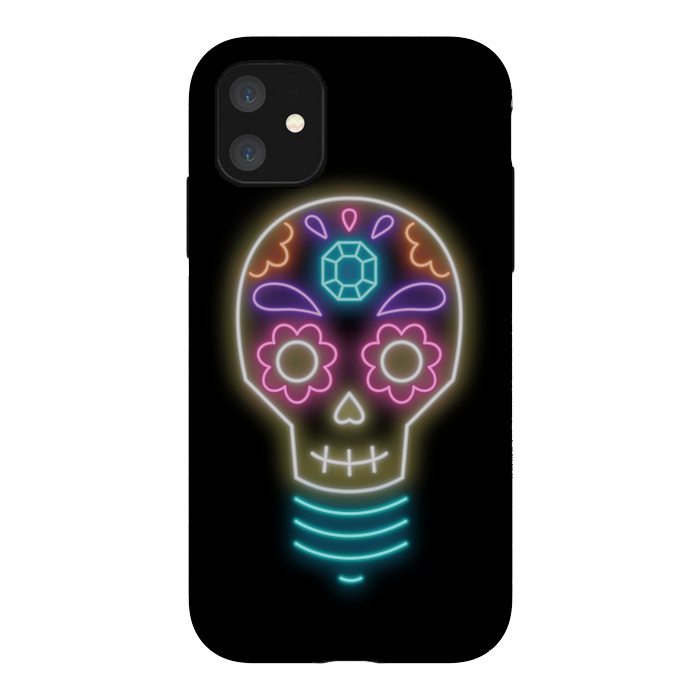 iPhone 11 StrongFit Neon sugar skull lightbulb by Laura Nagel