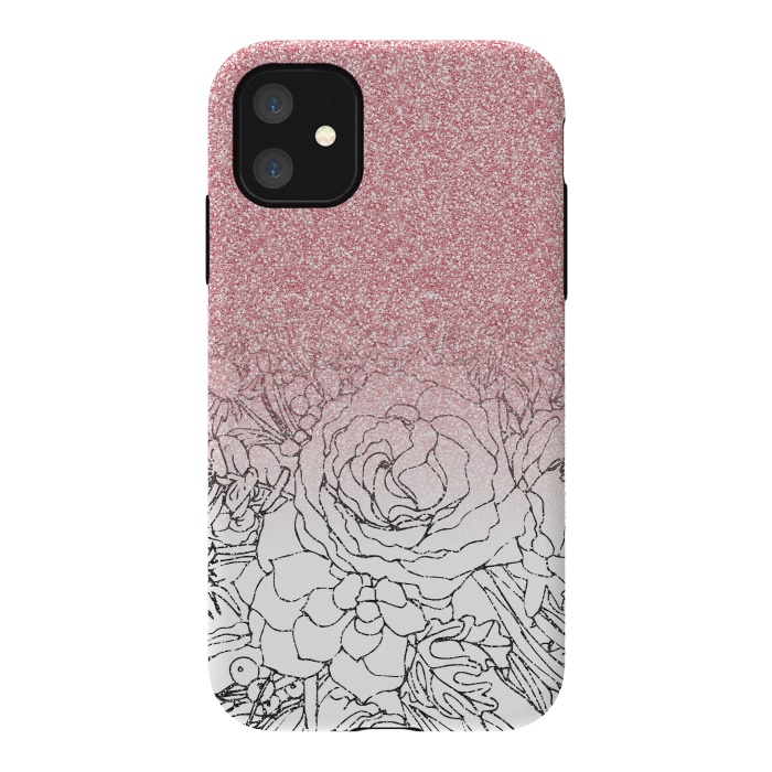 iPhone 11 StrongFit Elegant Floral Doodles Pink Gradient Glitter Image by InovArts