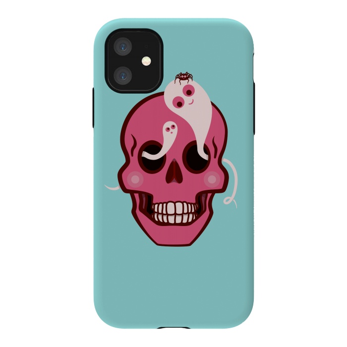 iPhone 11 StrongFit Cute Pink Skull With Spider And Ghosts In Eyes by Boriana Giormova