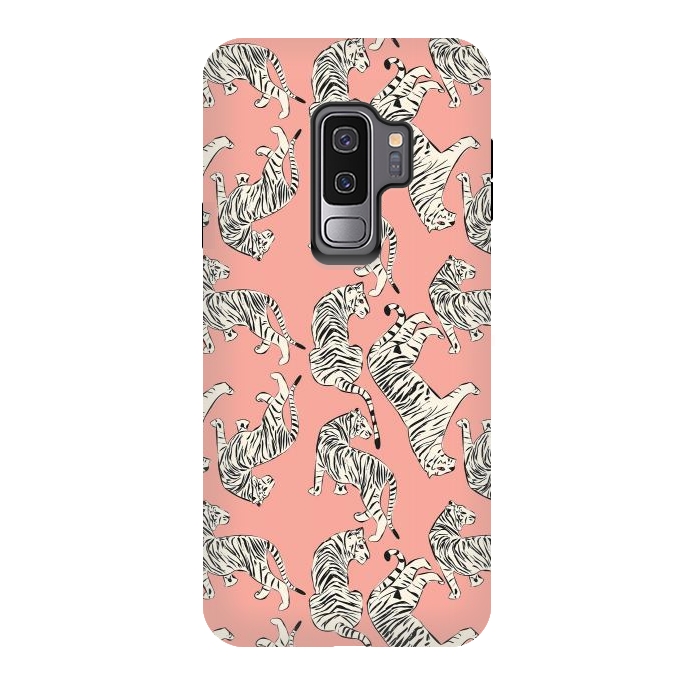 Galaxy S9 plus StrongFit Tiger pattern, white on pink, 006 by Jelena Obradovic