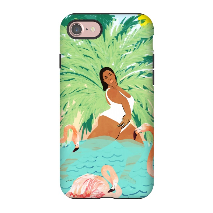 iPhone 7 StrongFit Tropical Summer Water Yoga with Palm & Flamingos | Woman of Color Black Woman Body Positivity by Uma Prabhakar Gokhale