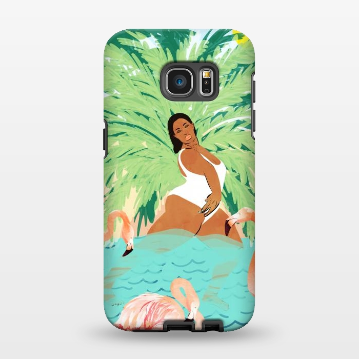 Galaxy S7 EDGE StrongFit Tropical Summer Water Yoga with Palm & Flamingos | Woman of Color Black Woman Body Positivity by Uma Prabhakar Gokhale