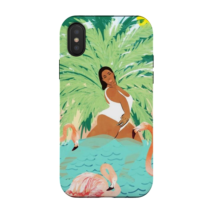 iPhone Xs / X StrongFit Tropical Summer Water Yoga with Palm & Flamingos | Woman of Color Black Woman Body Positivity by Uma Prabhakar Gokhale