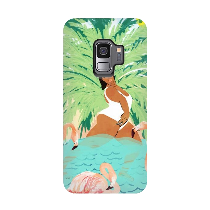 Galaxy S9 StrongFit Tropical Summer Water Yoga with Palm & Flamingos | Woman of Color Black Woman Body Positivity by Uma Prabhakar Gokhale