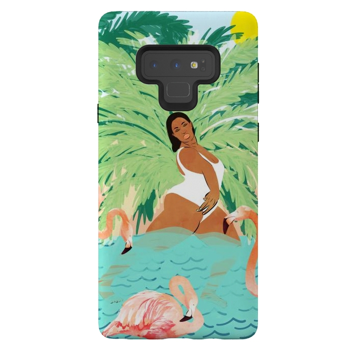 Galaxy Note 9 StrongFit Tropical Summer Water Yoga with Palm & Flamingos | Woman of Color Black Woman Body Positivity by Uma Prabhakar Gokhale