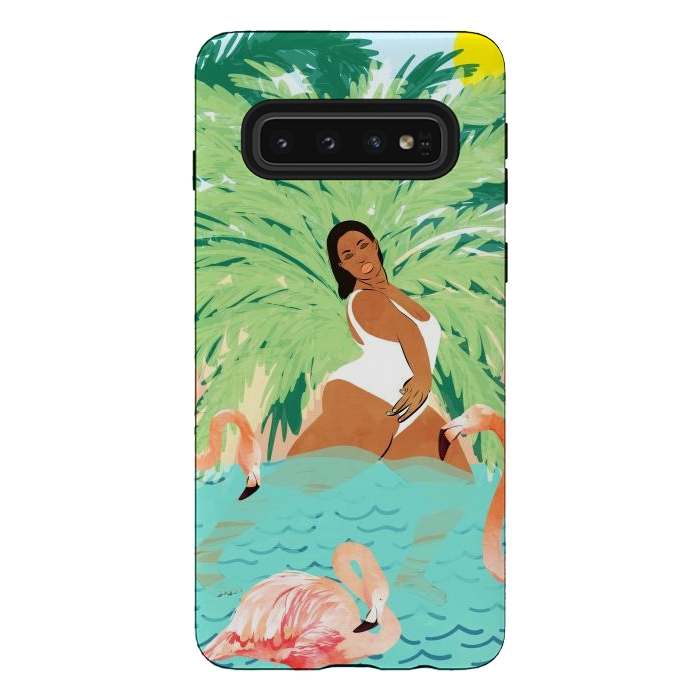 Galaxy S10 StrongFit Tropical Summer Water Yoga with Palm & Flamingos | Woman of Color Black Woman Body Positivity by Uma Prabhakar Gokhale