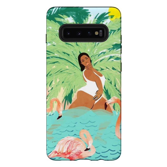 Galaxy S10 plus StrongFit Tropical Summer Water Yoga with Palm & Flamingos | Woman of Color Black Woman Body Positivity by Uma Prabhakar Gokhale