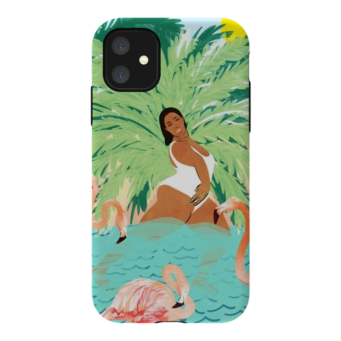 iPhone 11 StrongFit Tropical Summer Water Yoga with Palm & Flamingos | Woman of Color Black Woman Body Positivity by Uma Prabhakar Gokhale