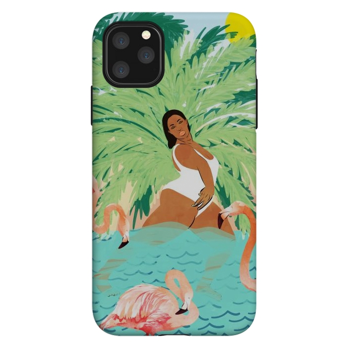 iPhone 11 Pro Max StrongFit Tropical Summer Water Yoga with Palm & Flamingos | Woman of Color Black Woman Body Positivity by Uma Prabhakar Gokhale