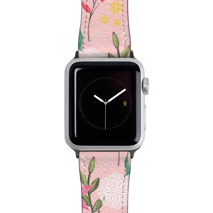 Watch 42mm / 44mm Strap PU leather Cute Pink Flowers Creative Art Pattern by InovArts