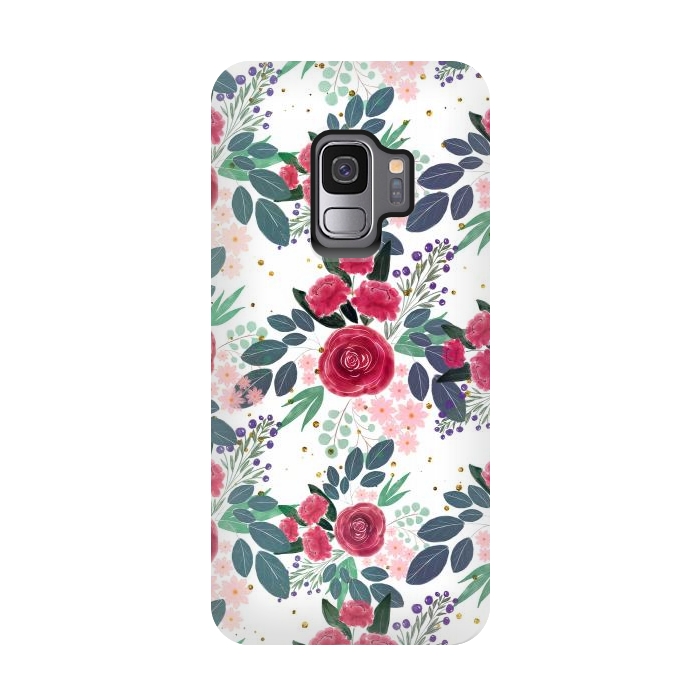 Galaxy S9 StrongFit Cute Rose Pink Peonies Watercolor Paint Gold Dots Design by InovArts