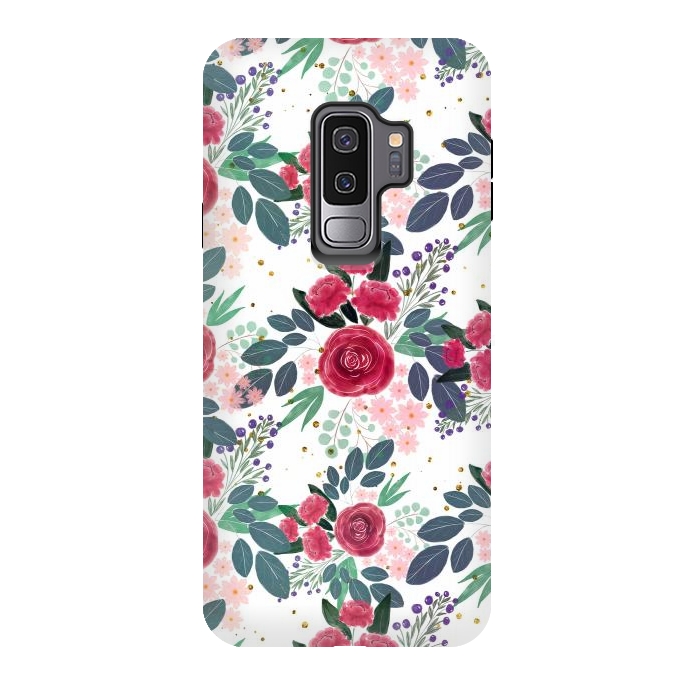 Galaxy S9 plus StrongFit Cute Rose Pink Peonies Watercolor Paint Gold Dots Design by InovArts