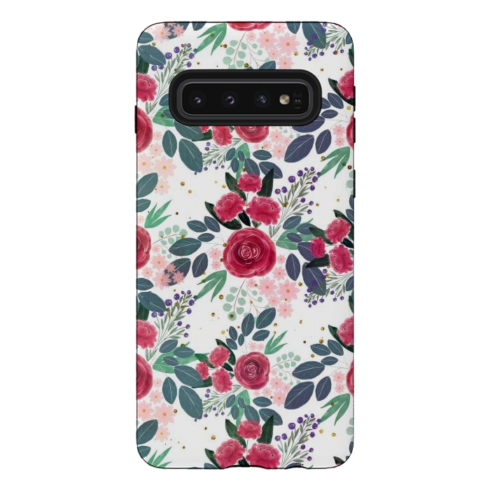 Galaxy S10 StrongFit Cute Rose Pink Peonies Watercolor Paint Gold Dots Design by InovArts