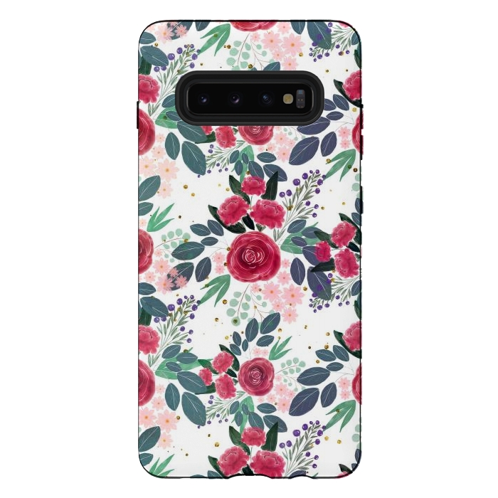Galaxy S10 plus StrongFit Cute Rose Pink Peonies Watercolor Paint Gold Dots Design by InovArts