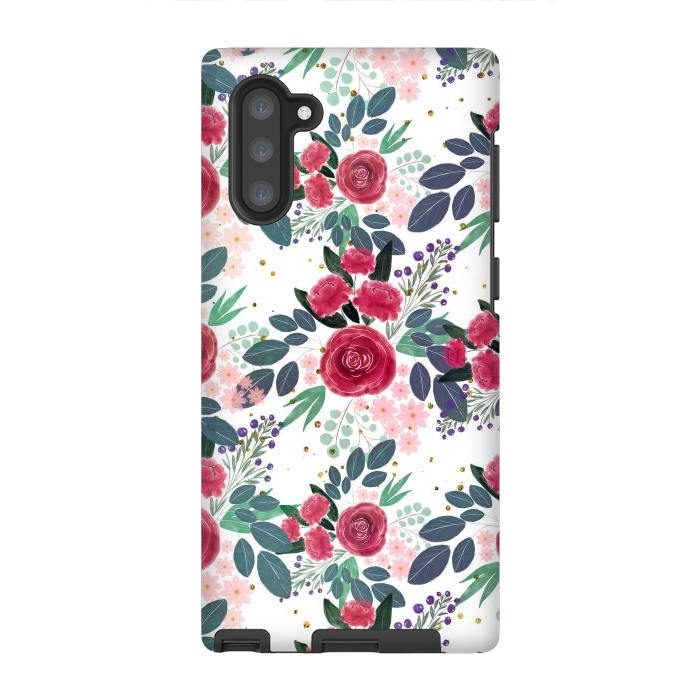 Galaxy Note 10 StrongFit Cute Rose Pink Peonies Watercolor Paint Gold Dots Design by InovArts