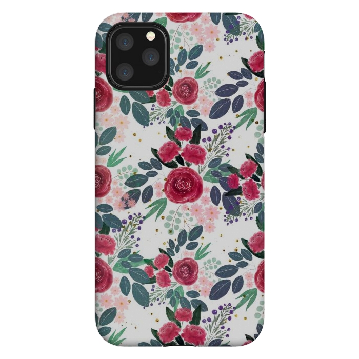 iPhone 11 Pro Max StrongFit Cute Rose Pink Peonies Watercolor Paint Gold Dots Design by InovArts
