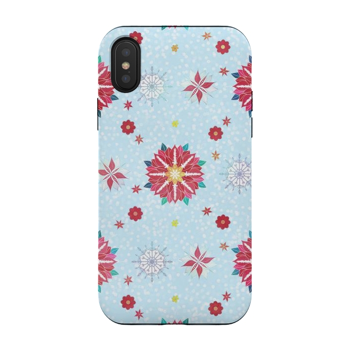 iPhone Xs / X StrongFit Trendy Winter Red Poinsettias White Snowflakes Pattern by InovArts