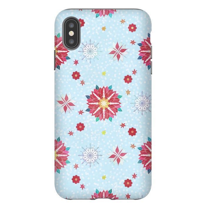 iPhone Xs Max StrongFit Trendy Winter Red Poinsettias White Snowflakes Pattern by InovArts