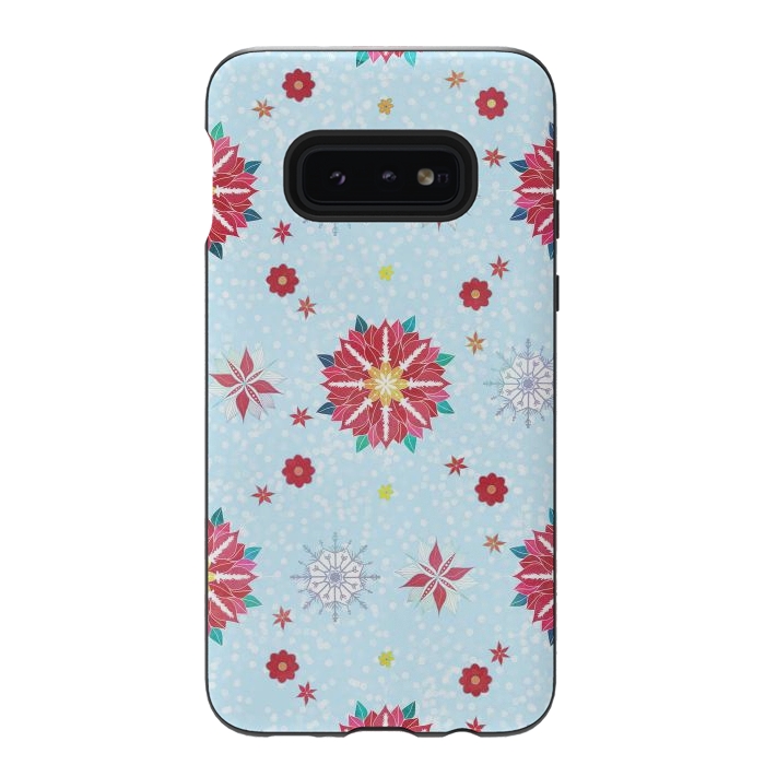 Galaxy S10e StrongFit Trendy Winter Red Poinsettias White Snowflakes Pattern by InovArts