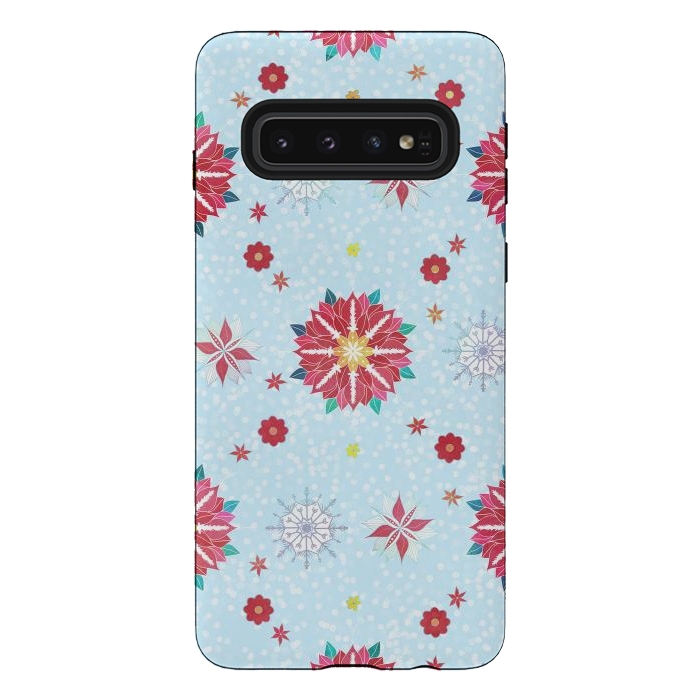 Galaxy S10 StrongFit Trendy Winter Red Poinsettias White Snowflakes Pattern by InovArts