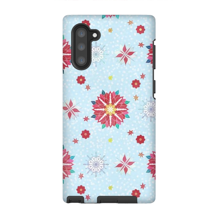 Galaxy Note 10 StrongFit Trendy Winter Red Poinsettias White Snowflakes Pattern by InovArts