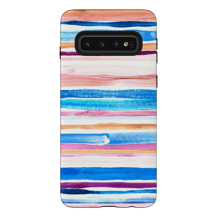 Galaxy S10 StrongFit Pastel Pink, Plum and Cobalt Blue Gouache Stripes by Micklyn Le Feuvre